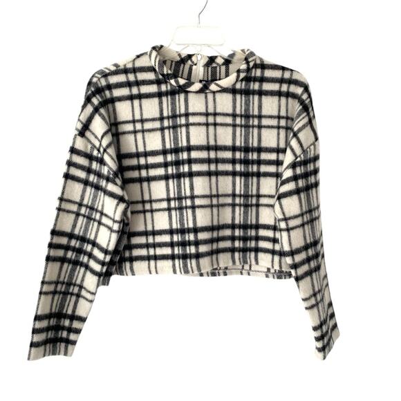 Nicholas Wool Plaid White Black Top Sweater size 10 Boxy Fit - Picture 1 of 8